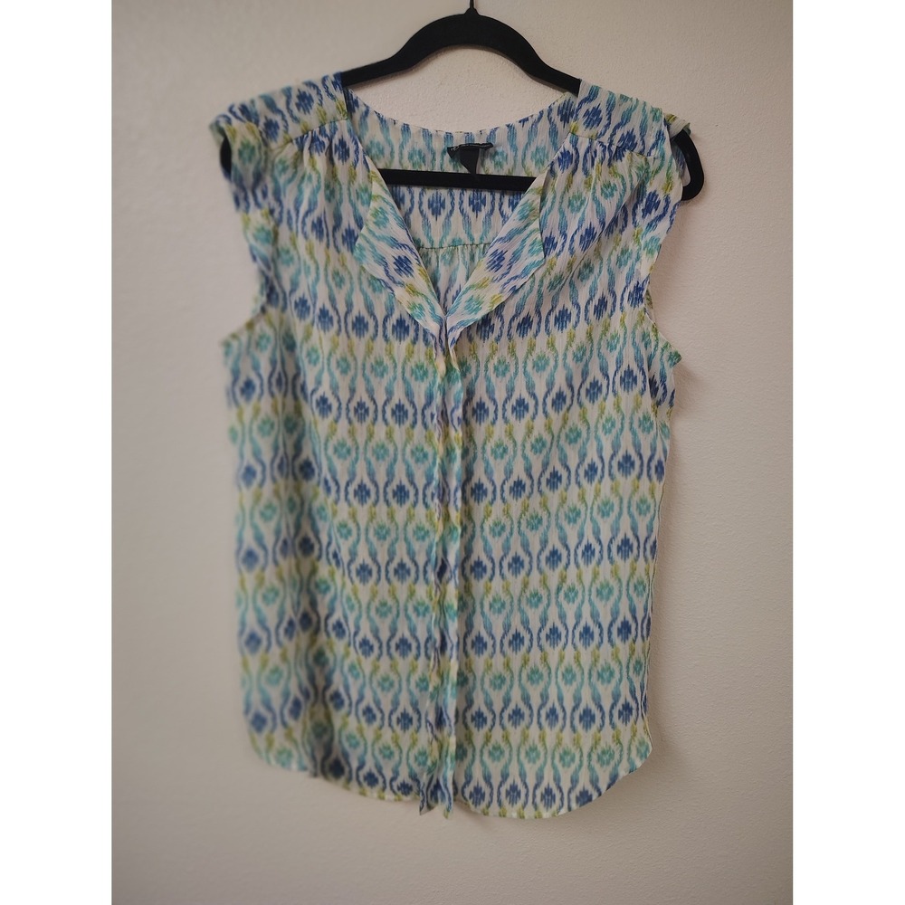 New York & Company Blue Green Ikat Sleeveless Blouse Split V-Neck Top Large